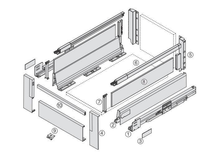 Technische Explosionszeichnung einer Schublade als Version Innenschublade mit Hoher Seitenwand und Softclose der Marke Harn Ritma Cube