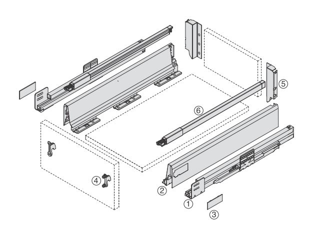 Technische Explosionszeichnung einer Schublade mit Softclose der Marke Harn Ritma Cube
