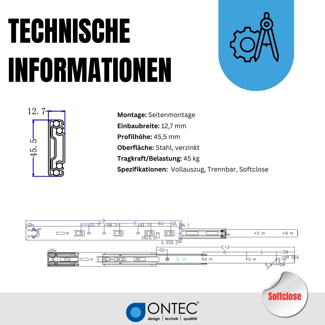 Softclose Teleskopauszug aus verzinktem Stahl, technische Informationen