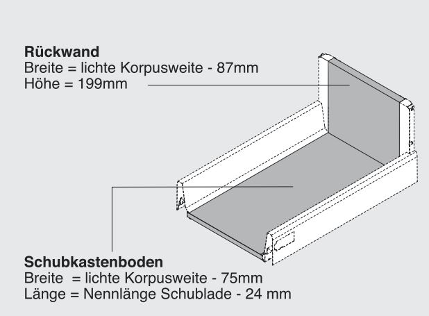 Einbaumaße für Schublade als Version Innenschublade mit Hoher Seitenwand Softclose der Marke Harn Ritma Cube für Rückwand und Boden