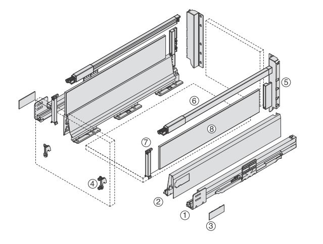 Technische Explosionszeichnung einer Schublade mit Reling, Seitenwand und Softclose der Marke Harn Ritma Cube
