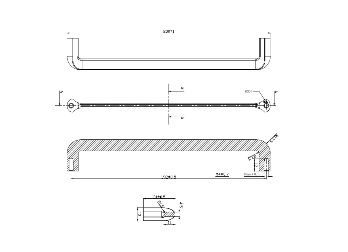 Technische Zeichnung von einem Möbelgriff schwarz matt modernes design mit einem Bohrabstand von 160mm